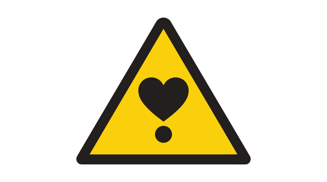 Yellow triangle warning sign illustration featuring a bold black heart icon for romantic caution concepts