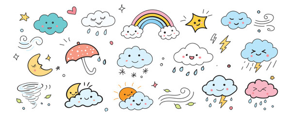 Fototapeta premium Cute hand-drawn weather doodle collection featuring clouds, rainbows, sun, rain, snow, lightning, wind, and storm elements. Playful illustrations for nursery decor, planners, and children's designs.