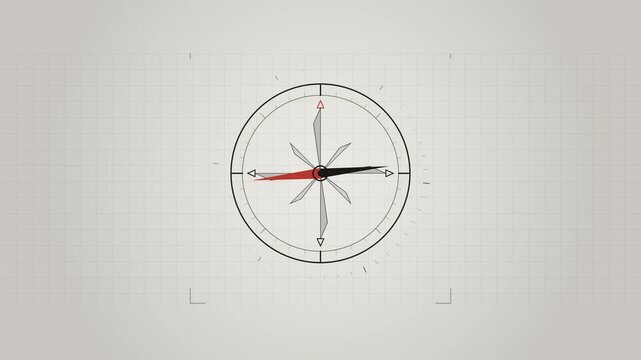 Abstract animated compass rose settling on north drawn as cool blue-white lines and shapes on a bright, clean light background. Seamless looping 4K motion graphics video with free space for text, idea