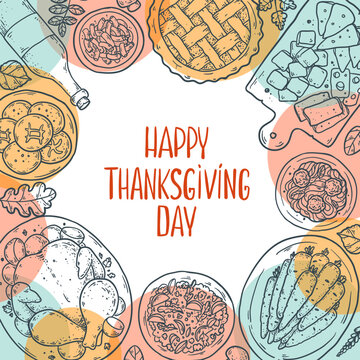 Happy Thanksgiving Day vector square banner. Naive detailed line art elements with roast turkey, pie, pasta and cheese board on pastel background
