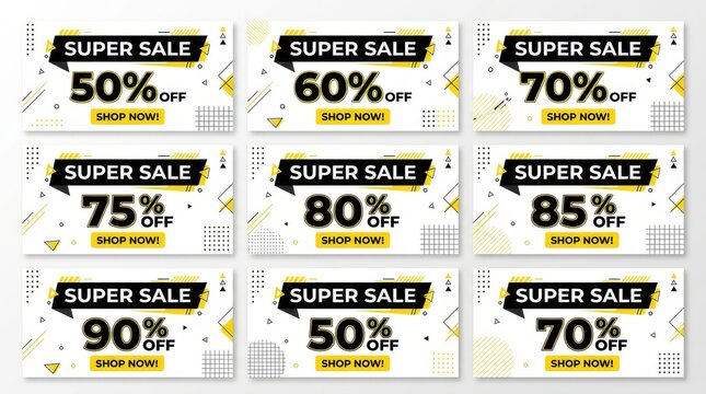 Super sale discount coupons set with various percentage off offers, modern geometric design, isolated on white background