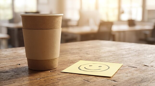 Paper coffee cup and smiley face sticky note on wooden table.