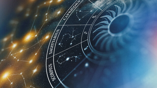 Zodiac signs map with constellations showing different astrology symbols in a night sky background