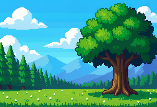 Tree landscape pixel art scene with meadow and mountains