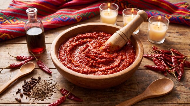 Traditional Ethiopian berbere spice paste in clay bowl with mortar and pestle