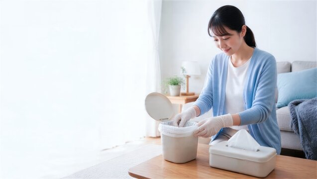 看病中に使用済みティッシュを分ける女性