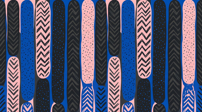 Hand drawn abstract pattern with vertical shapes | Blue pink and black geometric background | Seamless chevron and dots textile design | Contemporary scandinavian style surface texture