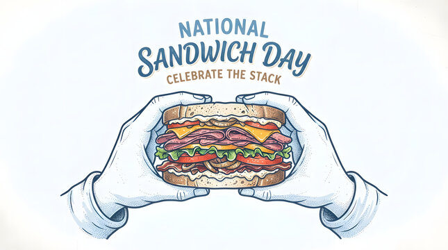 National sandwich day celebrate the stack illustration hands holding delicious sandwich.