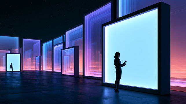 Surreal futuristic gallery of luminous blue and violet rectangular panels with a silhouetted woman in the foreground, reflective floor and colorful horizon creating a cinematic concept of technology