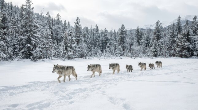 Wolf Pack on Snowy Path: A determined wolf pack treks in single file along a snow-covered path, surrounded by a serene winter forest, showcasing unity and survival in a harsh environment.