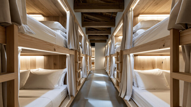Interior view of modern capsule hostel corridor lined with wooden bunk beds and privacy curtains.