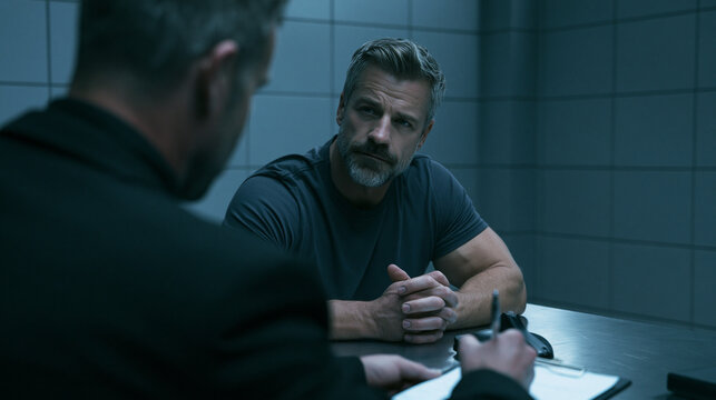 Intense interrogation room scene with detective questioning serious man suspect at table.