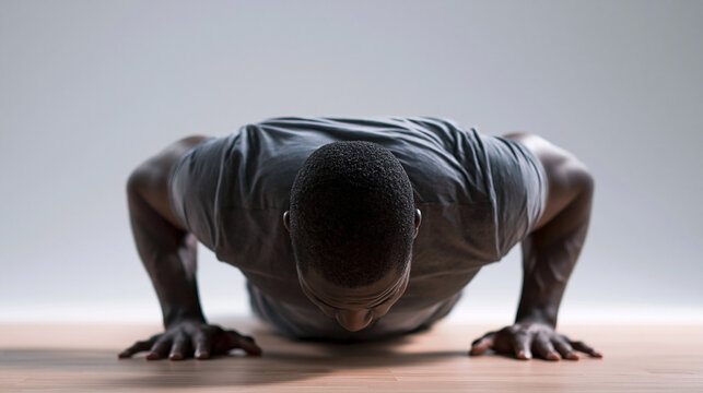 Muscular black man performing push up exercise workout on gym floor against grey background.