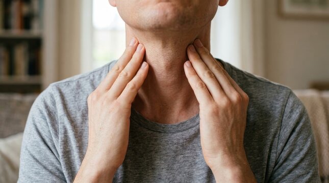 Man touching neck while feeling throat pain or thyroid gland discomfort