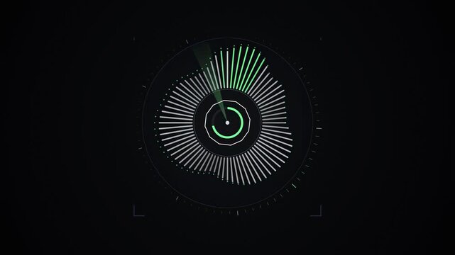 Abstract animated spectrum bars pulsing around a ring drawn as green and teal lines and shapes on a deep dark background. Seamless looping 4K motion graphics video with free space for text, ideal for 