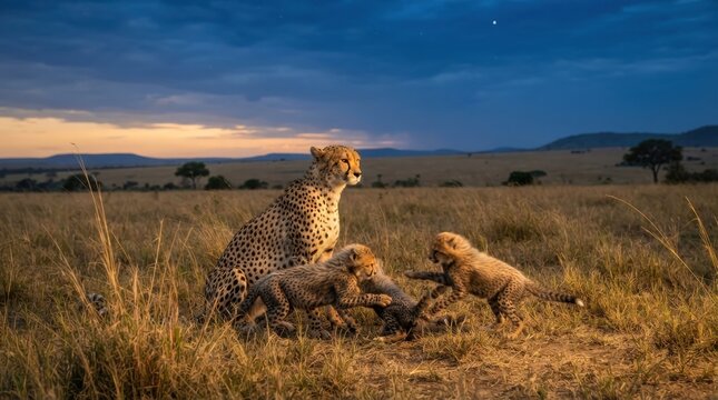 Cheetah Mother and Cubs in the Savannah: A majestic cheetah surveys its domain in the golden light of dawn, with two playful cubs tumbling in the tall grass of the African savannah.