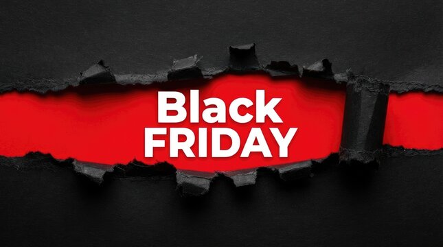 Black friday promotional with white bold text revealed through a torn paper effect on a black, exposing a red layer underneath black friday