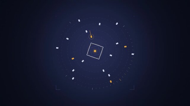 Abstract animated packets routed along orbital paths drawn as blue and cyan lines and shapes on a deep dark background. Seamless looping 4K motion graphics video with free space for text, ideal for ti