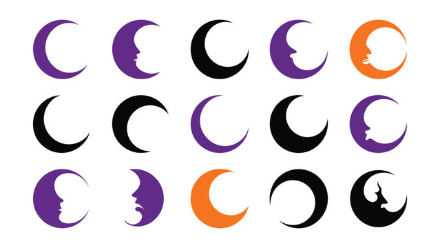 Set of crescent moon icons with human faces for halloween design elements