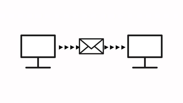 Email  icon transfer animation showing a message moving between two computers. email transfer, data transfer, digital communication, file sharing, network, internet, messaging, and technology.