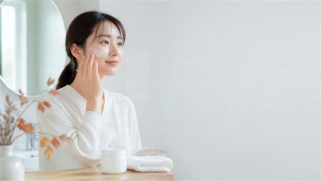 秋の洗面所で保湿剤を頬になじませる女性