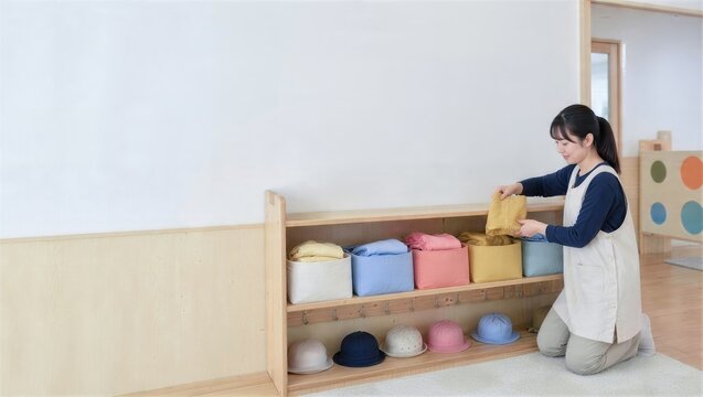 保育園で予備の上着を収納する職員