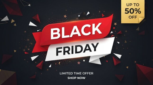Black friday sale with red and white ribbon, up to 50 percent off discount, limited time offer, shopping promotion on with shapes black friday