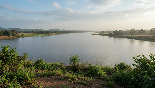 River landscape with calm water and green foreground