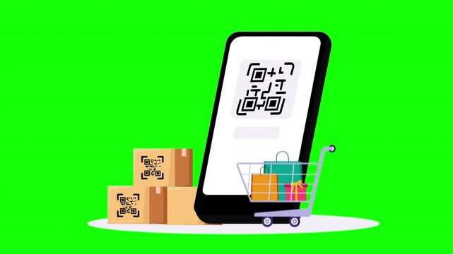 Smartphone QR Code Shopping with Cart, Packages and Digital E-commerce Checkout Concept