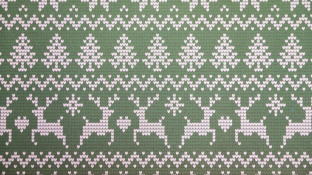 Festive green knitted pattern with reindeer and trees in white design