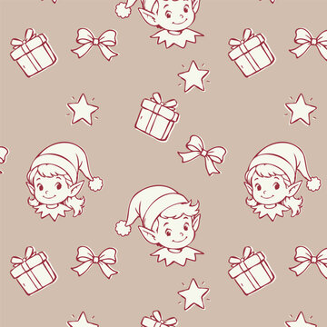 Seamless Christmas pattern with cute elf faces, wrapped gifts, bows and stars in a hand drawn retro style on a beige background. Vector illustration