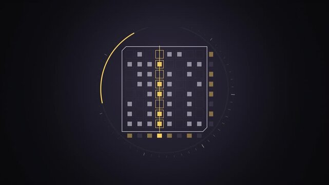 Abstract animated parity grid verifying a checksum drawn as amber and orange lines and shapes on a deep dark background. Seamless looping 4K motion graphics video with free space for text, ideal for t