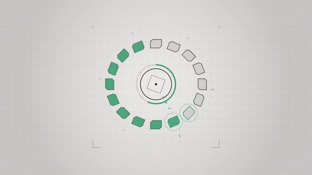 Abstract animated buffer queue filling cell by cell drawn as green and teal lines and shapes on a bright, clean light background. Seamless looping 4K motion graphics video with free space for text, id