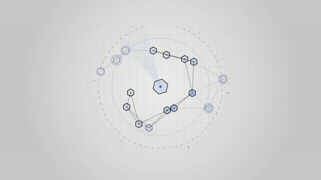 Abstract animated nodes discovering each other across a mesh drawn as cool blue-white lines and shapes on a bright, clean light background. Seamless looping 4K motion graphics video with free space fo