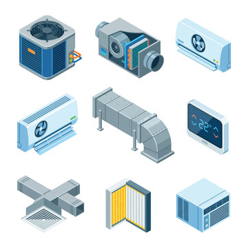 Isometric HVAC System Icons - Air Conditioning, Ventilation and Climate Control Equipment