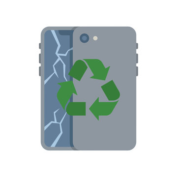 Flat Vector Illustration of a Broken Smartphone with Green Recycling Symbol for E-waste Concept