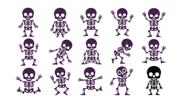 Set of cute cartoon skeletons in various funny poses for halloween