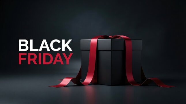 Black friday promotional featuring a single black gift box with a red ribbon on a black friday