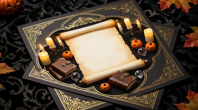Elegant halloween invitation setup with scroll candles