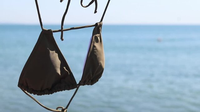 Brown bikini swimsuit close-up on the background of blurred blue sea. Concept of summer vacation and beach season. Separate swimsuit hanging on the background of seascape