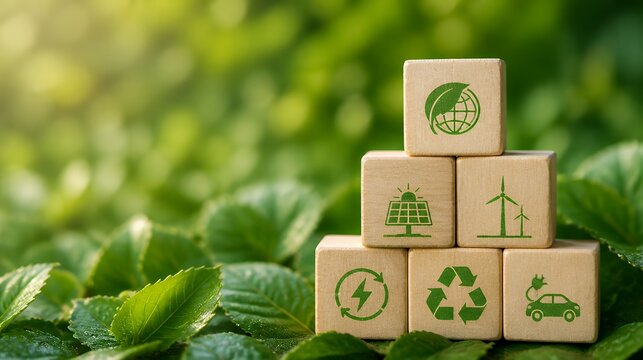 Eco blocks sustainability icons on green leaves background
