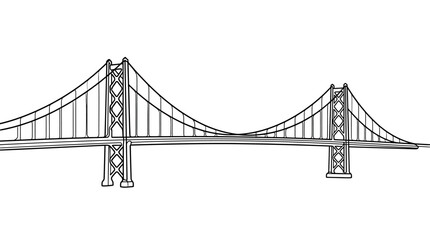 Fototapeta premium A minimalist black and white line art illustration of a suspension bridge, resembling the Golden Gate Bridge, isolated on a white background.