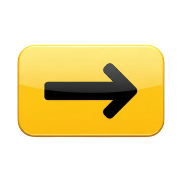 Yellow glossy button with black right arrow icon isolated on white background