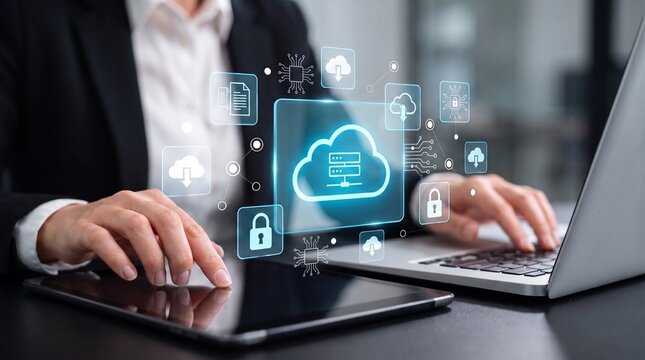 cloud security and secure data management. business professional using laptop and tablet with encrypted cloud storage, protected network connections, and cybersecurity technology.
