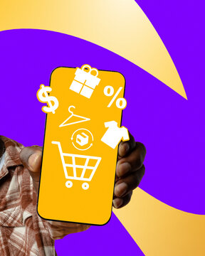 Online shopping on a smartphone with icons showing products and deals