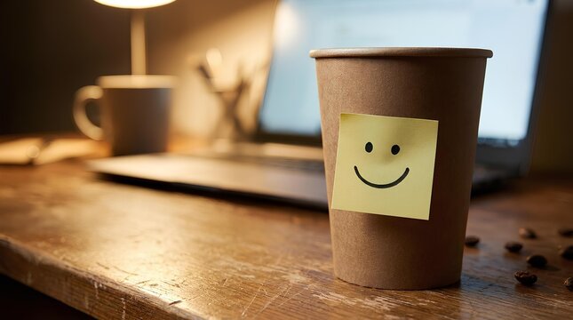 Paper coffee cup with smiley note on wooden desk.