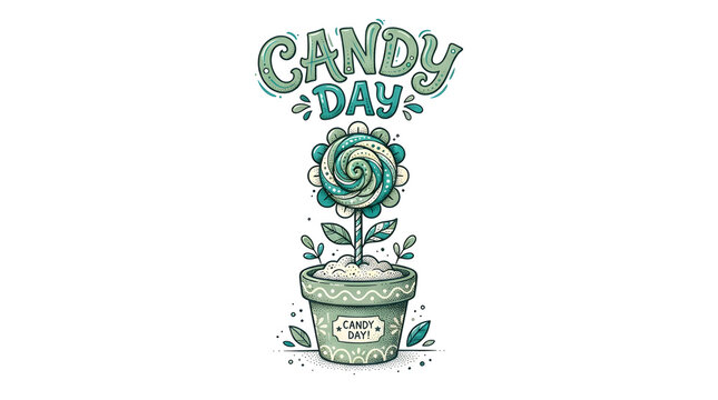 Green candy flower in pot with text candy day and floral elements on white background.
