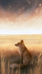 Naklejka premium Majestic Watercolor Fox Sitting in Golden Grass Under a Glowing Twilight Sky with Ethereal Stars