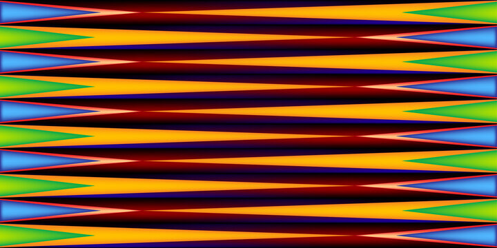 Abstract zigzag pattern features vibrant primary colors with sharp geometric triangles arranged in symmetrical horizontal rows for web.