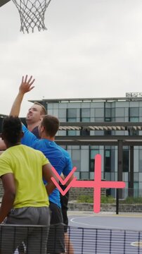 Animation of falling geometric shapes over diverse friends playing basketball